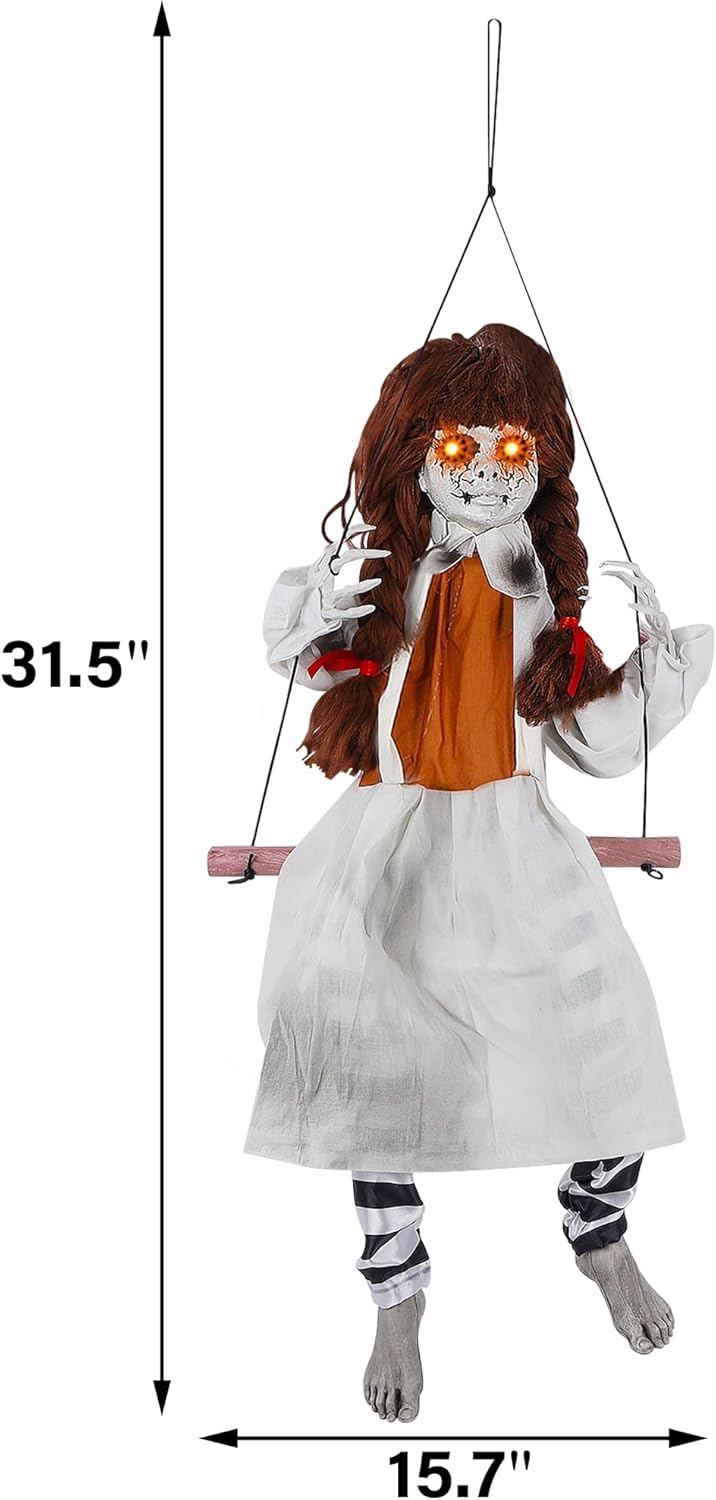 Prsildan Halloween Decorations Outdoor Hanging Swing Girl, Scary Animatronic Decor Life-Size
