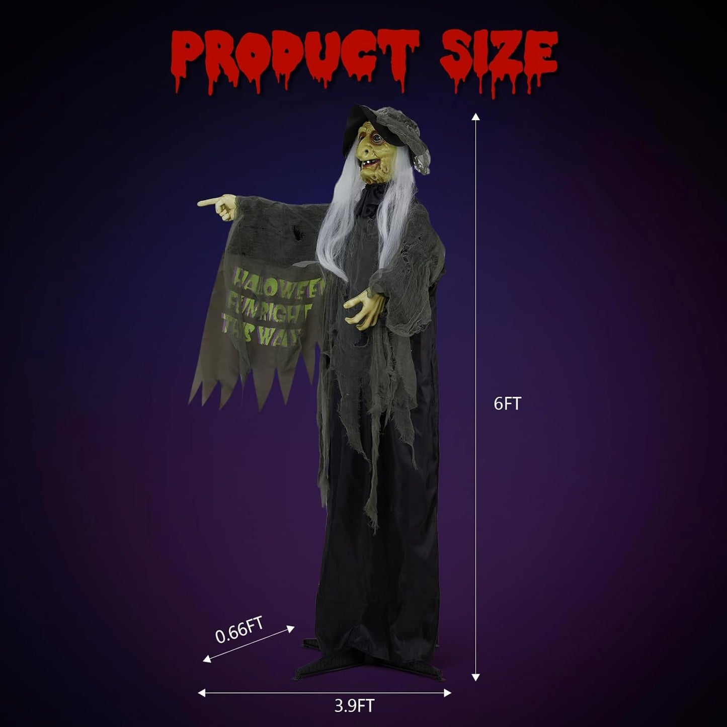 Halloween Decorations Outdoor, 6ft Halloween Standing Witch with Red Lights, Vibration