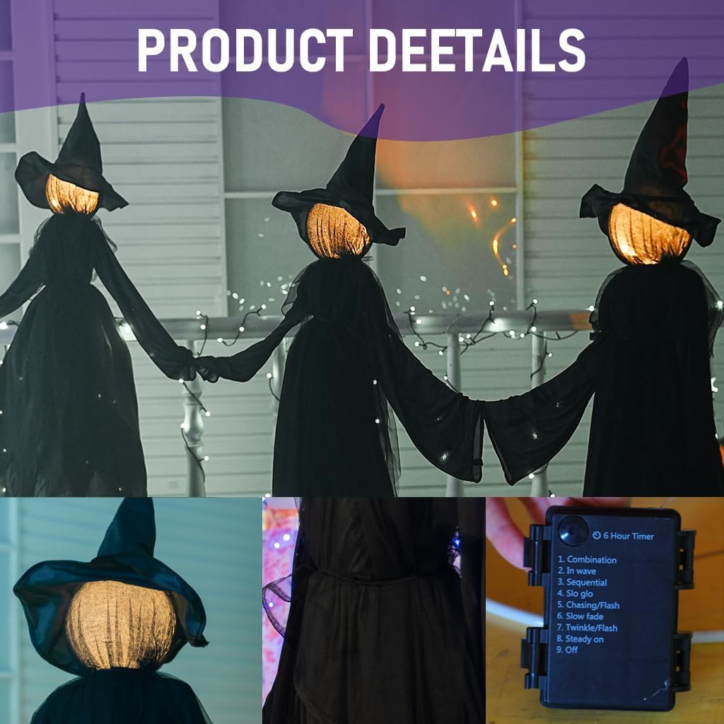 Halloween Witch Decorations Outdoor, 5 FT Set of 3 Holding Hands Witches Stakes with Glowing Face