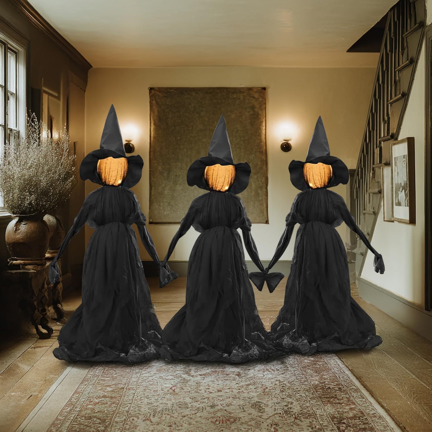 Halloween Witch Decorations Outdoor, 5 FT Set of 3 Holding Hands Witches Stakes with Glowing Face