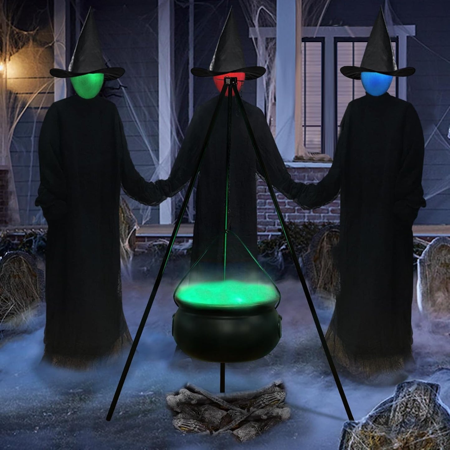 Large Witches Cauldron on 54" Tripod with Lights - Black Plastic Bowl Decor