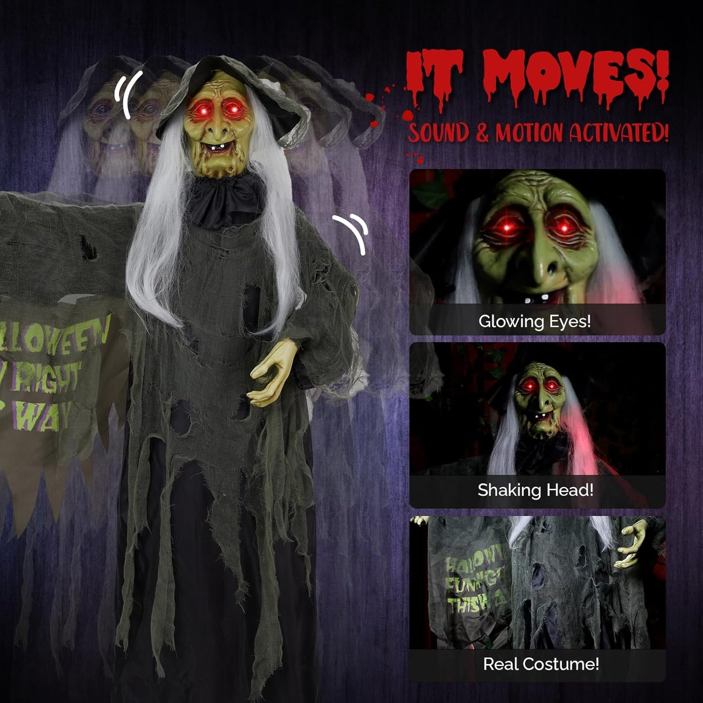 Halloween Decorations Outdoor, 6ft Halloween Standing Witch with Red Lights, Vibration