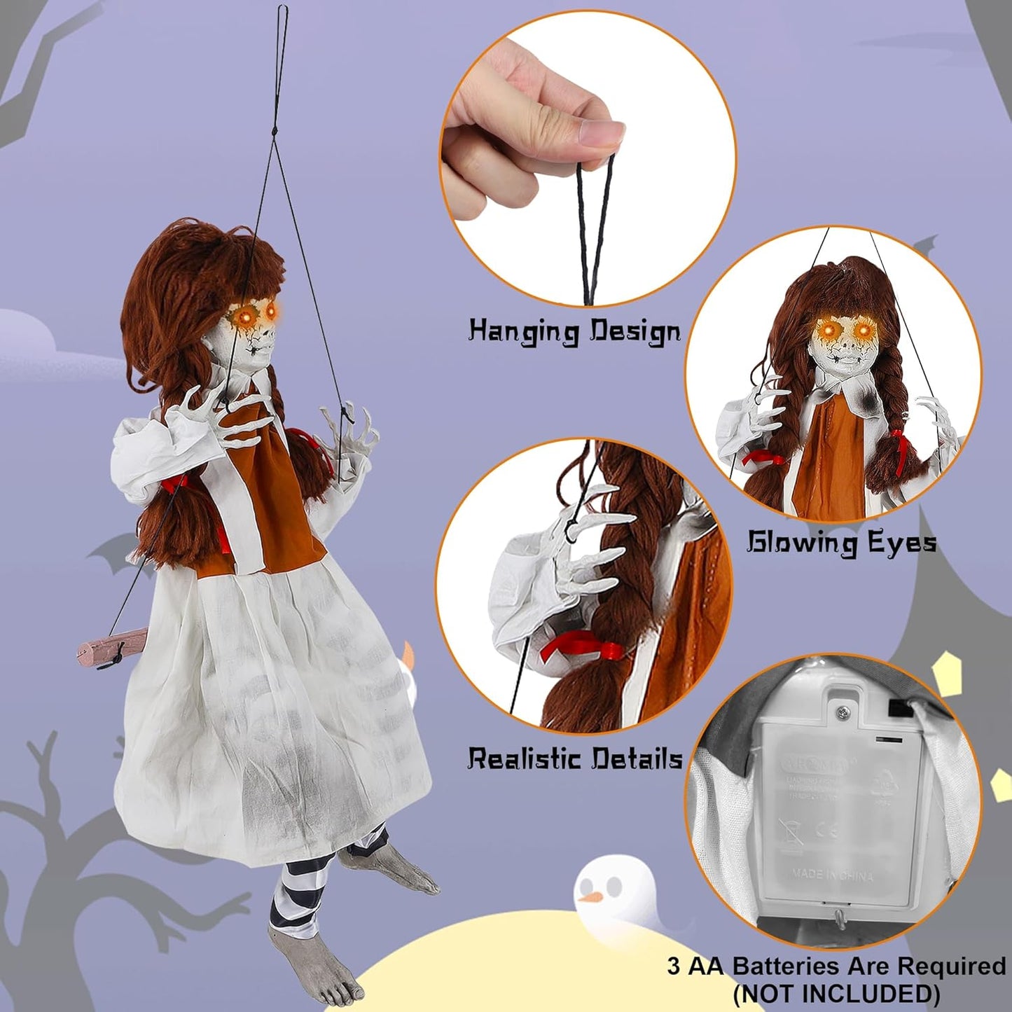 Prsildan Halloween Decorations Outdoor Hanging Swing Girl, Scary Animatronic Decor Life-Size