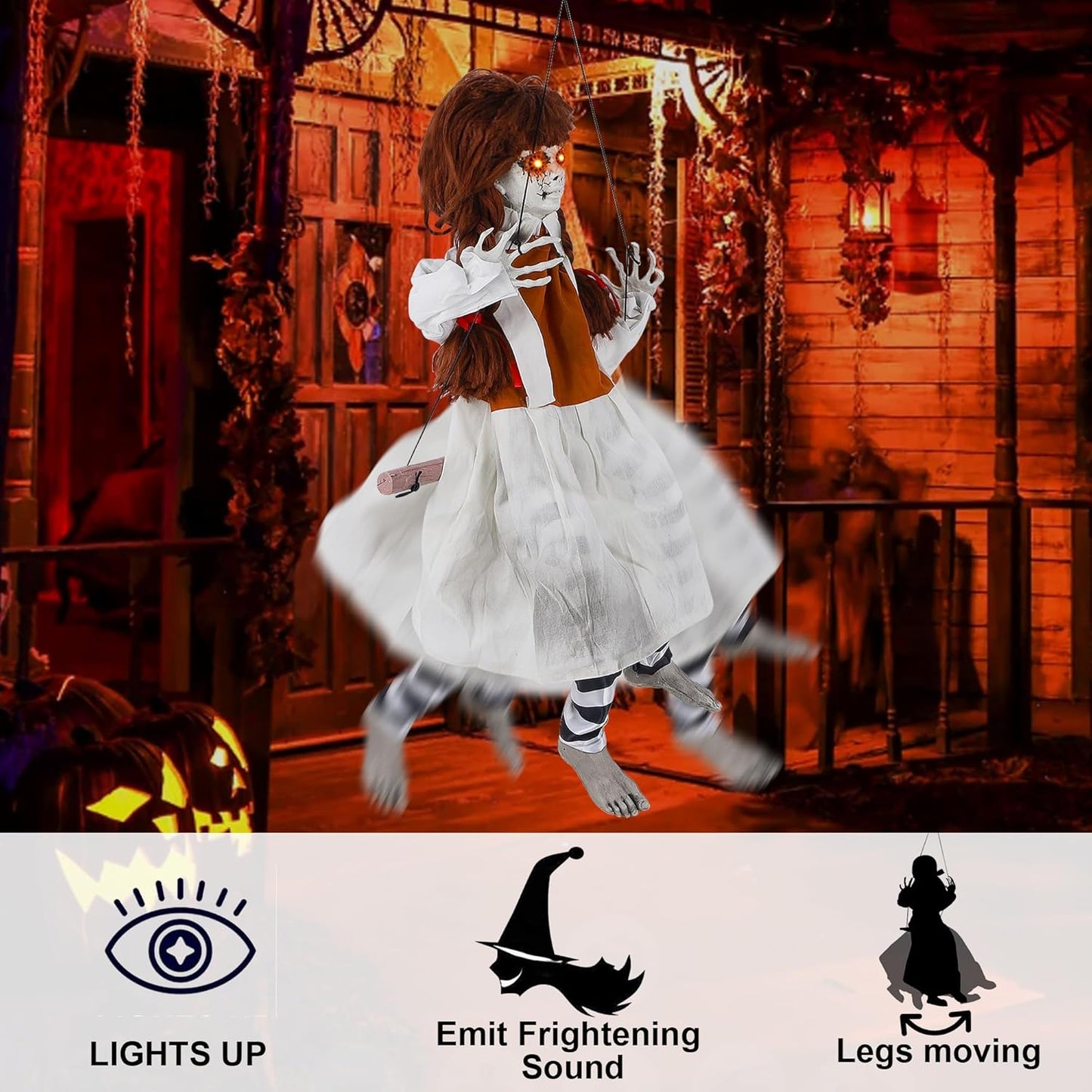 Prsildan Halloween Decorations Outdoor Hanging Swing Girl, Scary Animatronic Decor Life-Size