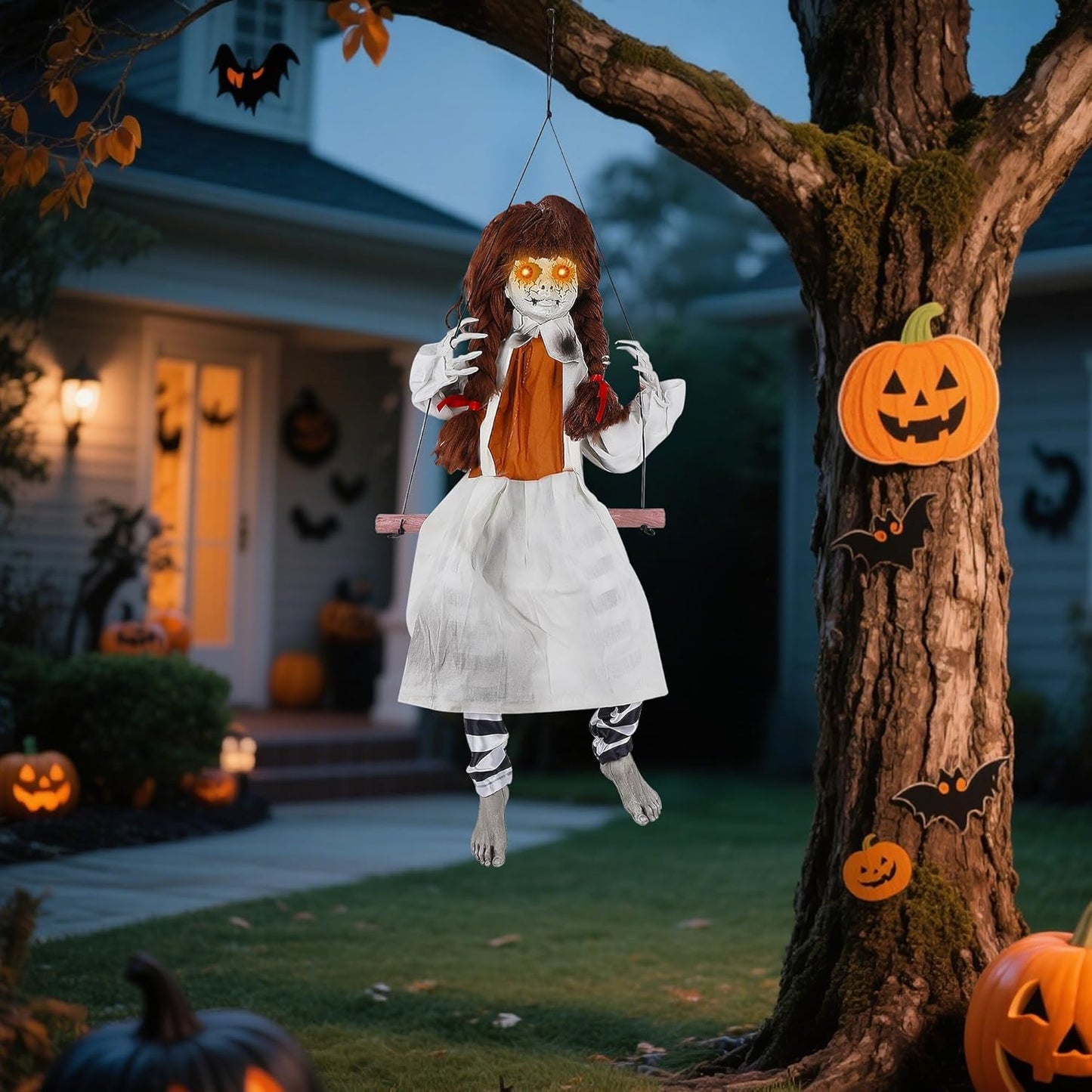 Prsildan Halloween Decorations Outdoor Hanging Swing Girl, Scary Animatronic Decor Life-Size