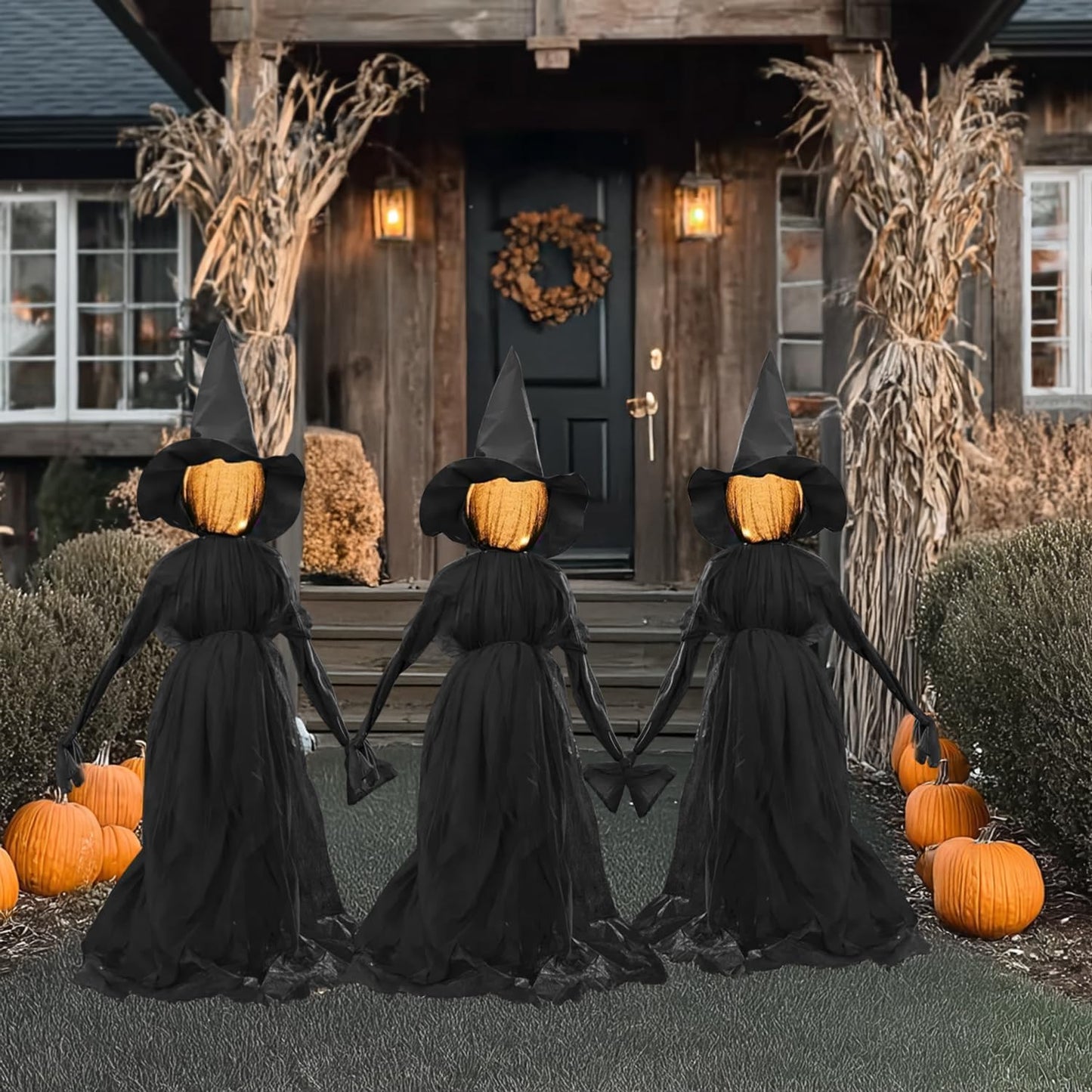 Halloween Witch Decorations Outdoor, 5 FT Set of 3 Holding Hands Witches Stakes with Glowing Face