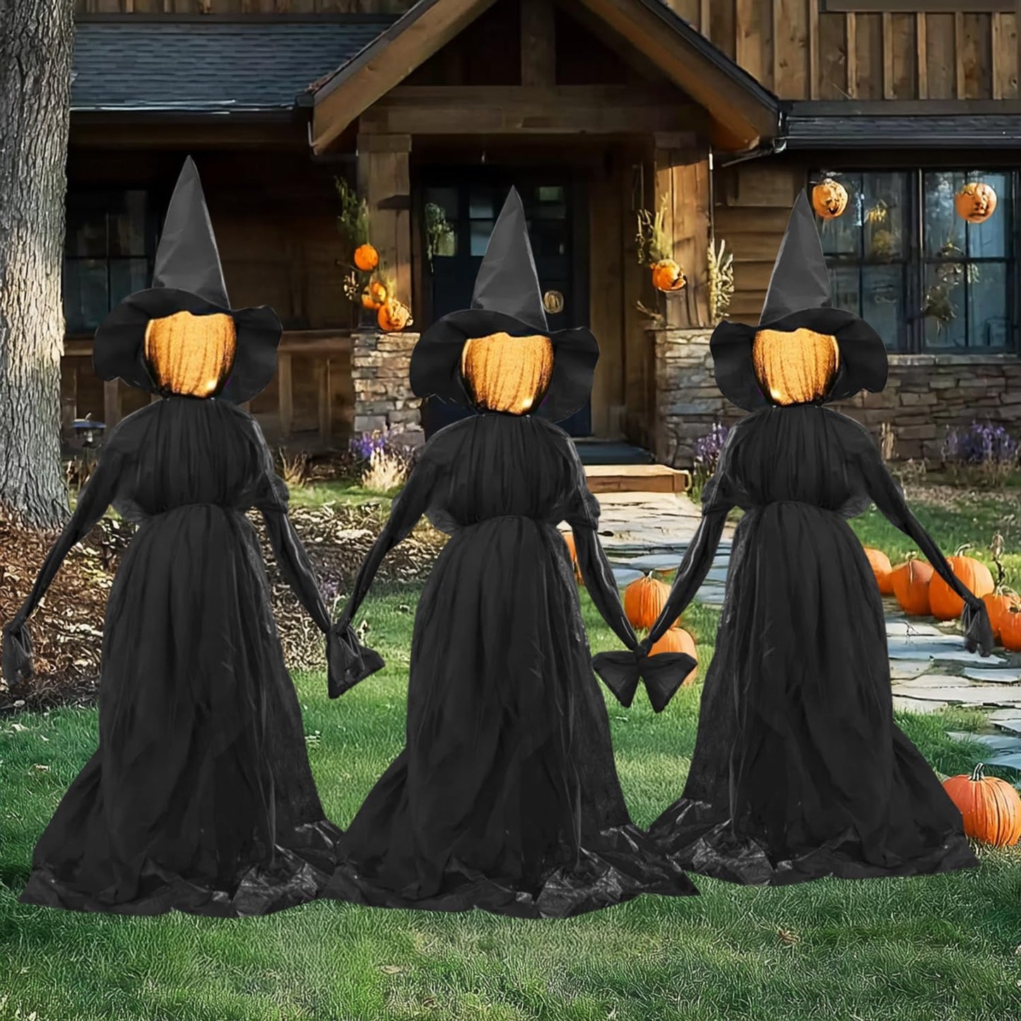Halloween Witch Decorations Outdoor, 5 FT Set of 3 Holding Hands Witches Stakes with Glowing Face