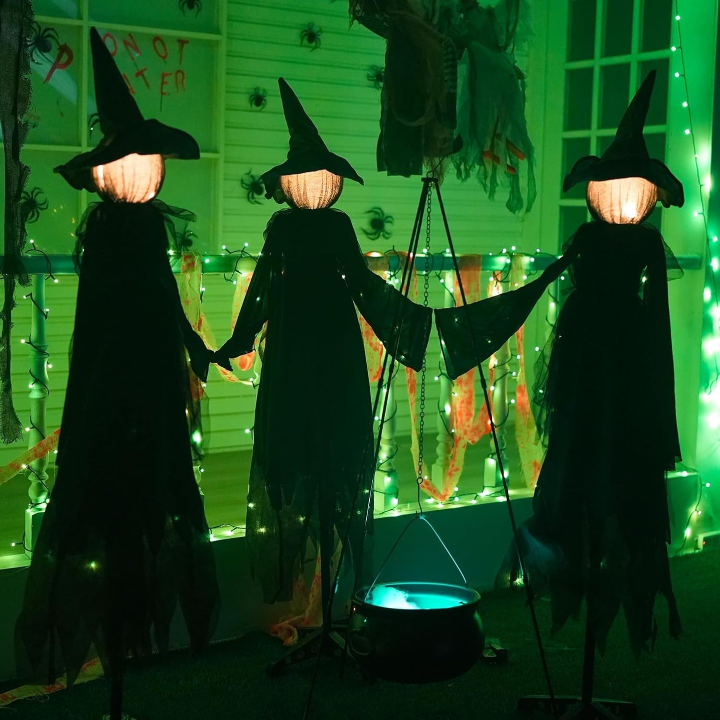 Halloween Witch Decorations Outdoor, 5 FT Set of 3 Holding Hands Witches Stakes with Glowing Face