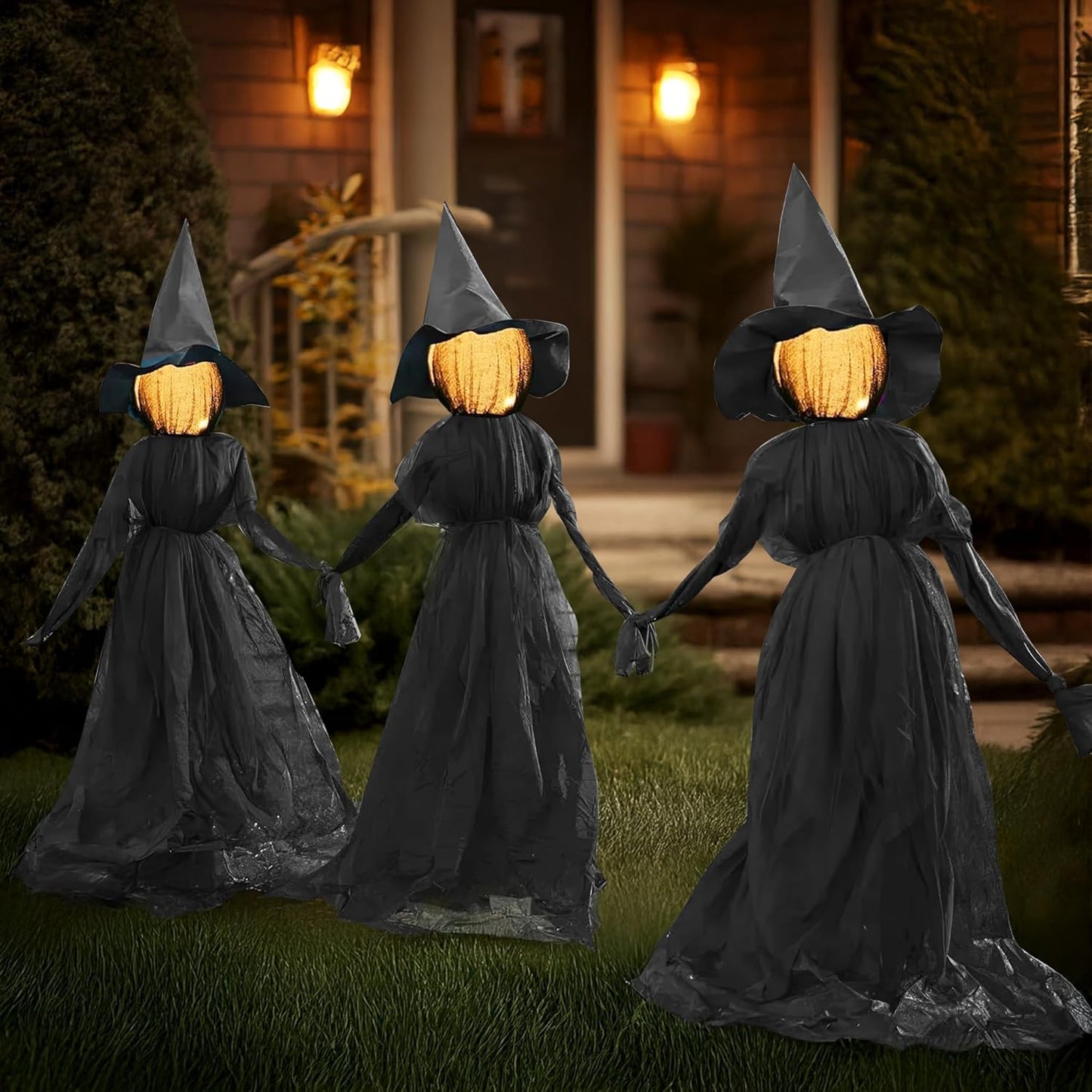 Halloween Witch Decorations Outdoor, 5 FT Set of 3 Holding Hands Witches Stakes with Glowing Face
