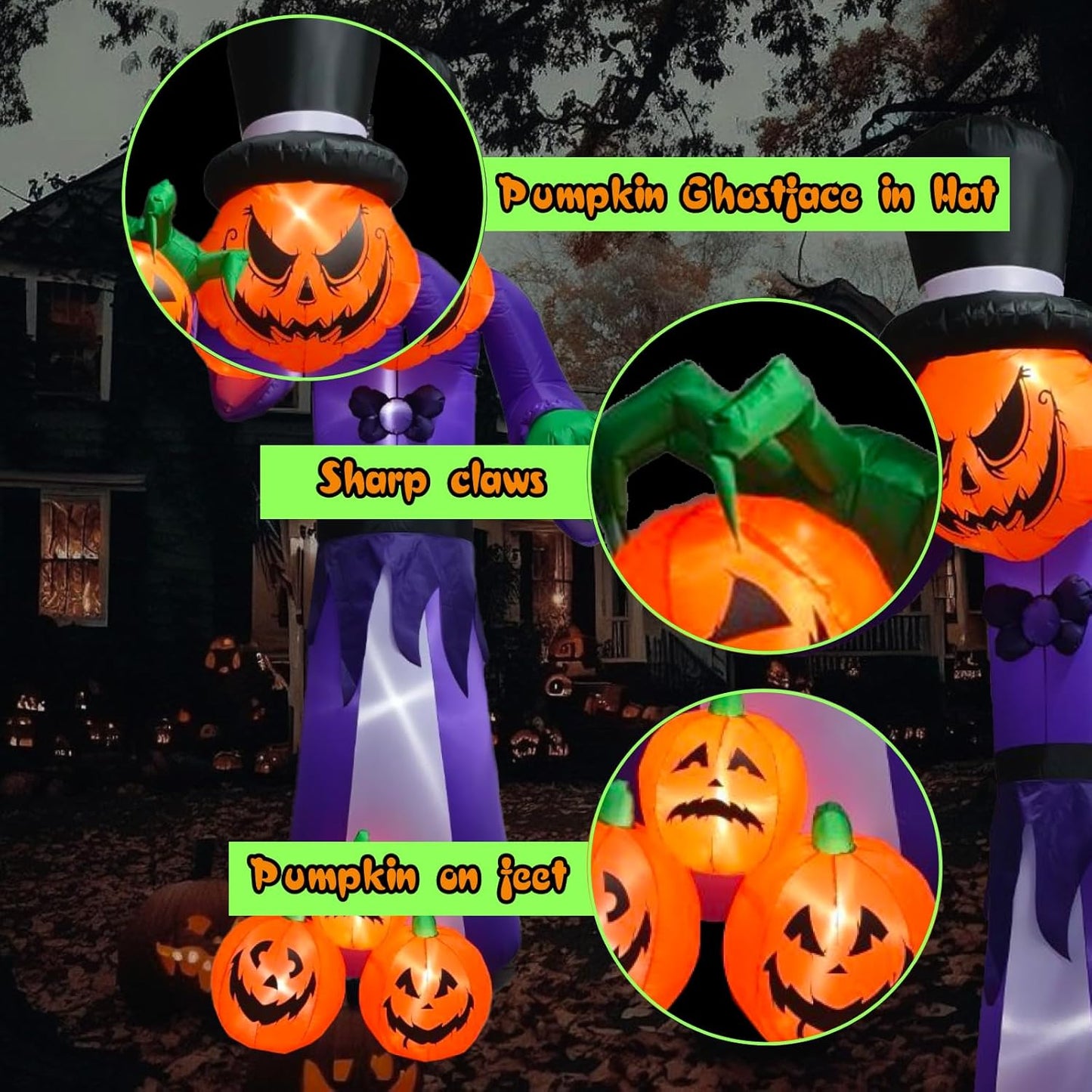 Halloween Giant Inflatable 10 FT Pumpkin Monster with Top Hat and Glowing Jack-O’-Lanterns
