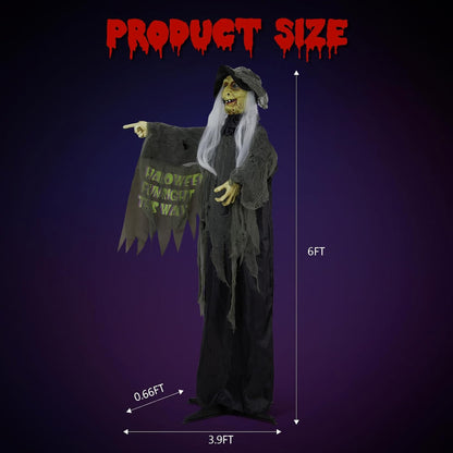 Halloween Decorations Outdoor, 6ft Halloween Standing Witch with Red Lights, Vibration