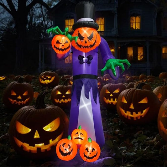 Halloween Giant Inflatable 10 FT Pumpkin Monster with Top Hat and Glowing Jack-O’-Lanterns