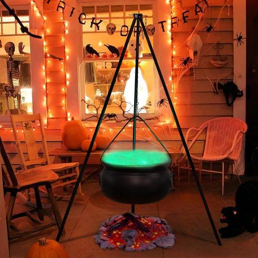Large Witches Cauldron on 54" Tripod with Lights - Black Plastic Bowl Decor