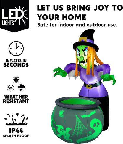 6 Ft Halloween Inflatable Witch and Cauldron Decoration with Projecting Rotating Green Ghost Light