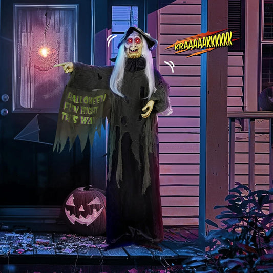Halloween Decorations Outdoor, 6ft Halloween Standing Witch with Red Lights, Vibration