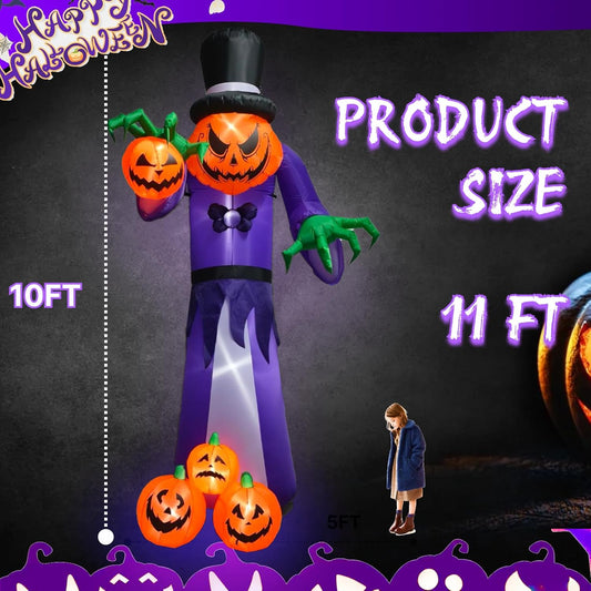 Halloween Giant Inflatable 10 FT Pumpkin Monster with Top Hat and Glowing Jack-O’-Lanterns