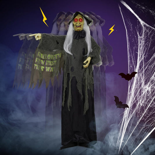Halloween Decorations Outdoor, 6ft Halloween Standing Witch with Red Lights, Vibration