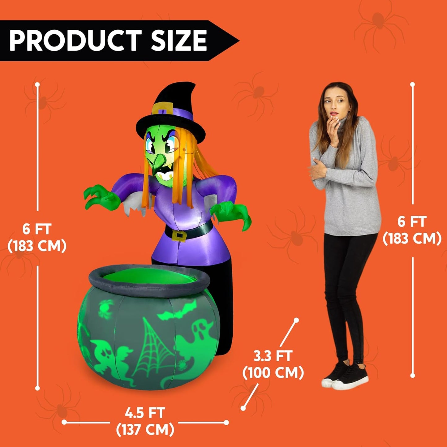 6 Ft Halloween Inflatable Witch and Cauldron Decoration with Projecting Rotating Green Ghost Light