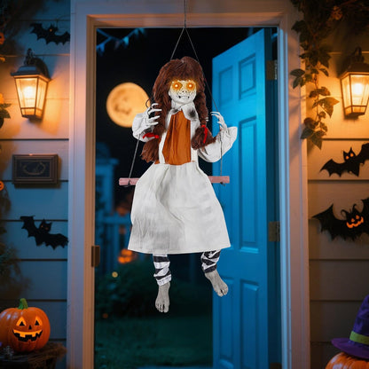 Prsildan Halloween Decorations Outdoor Hanging Swing Girl, Scary Animatronic Decor Life-Size