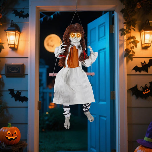 Prsildan Halloween Decorations Outdoor Hanging Swing Girl, Scary Animatronic Decor Life-Size