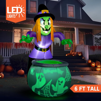 6 Ft Halloween Inflatable Witch and Cauldron Decoration with Projecting Rotating Green Ghost Light