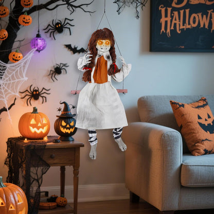 Prsildan Halloween Decorations Outdoor Hanging Swing Girl, Scary Animatronic Decor Life-Size