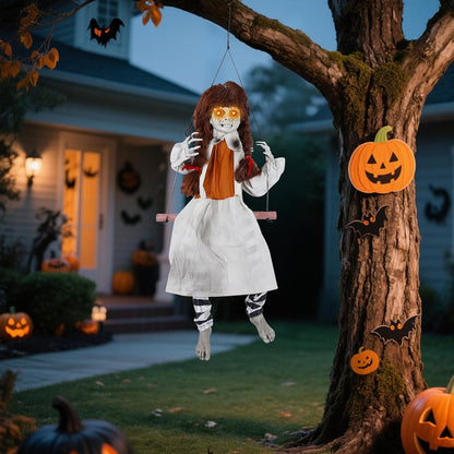Prsildan Halloween Decorations Outdoor Hanging Swing Girl, Scary Animatronic Decor Life-Size