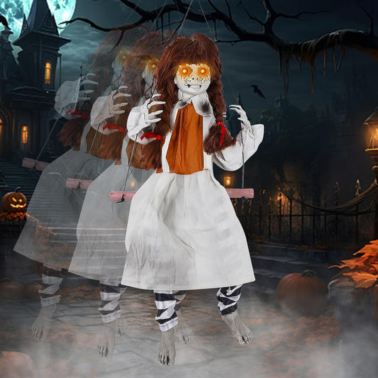 Prsildan Halloween Decorations Outdoor Hanging Swing Girl, Scary Animatronic Decor Life-Size