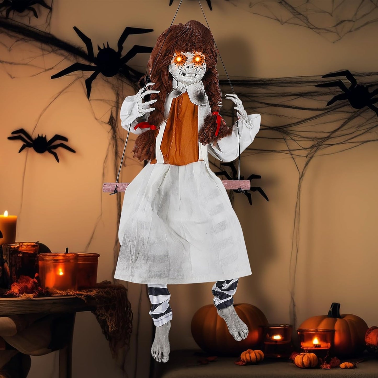 Prsildan Halloween Decorations Outdoor Hanging Swing Girl, Scary Animatronic Decor Life-Size