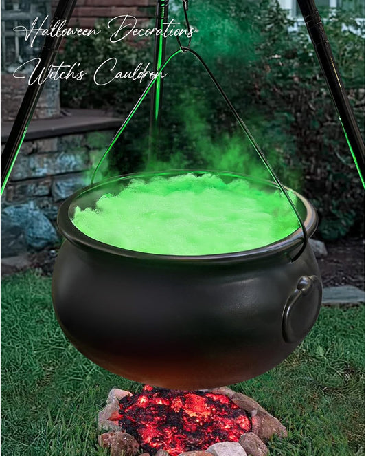 Large Witches Cauldron on 54" Tripod with Lights - Black Plastic Bowl Decor