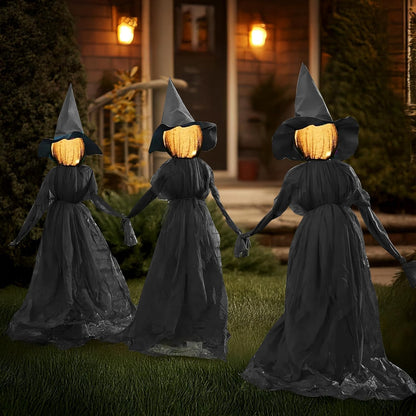 Halloween Witch Decorations Outdoor, 5 FT Set of 3 Holding Hands Witches Stakes with Glowing Face