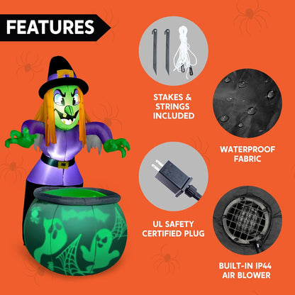 6 Ft Halloween Inflatable Witch and Cauldron Decoration with Projecting Rotating Green Ghost Light