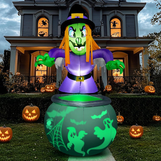 6 Ft Halloween Inflatable Witch and Cauldron Decoration with Projecting Rotating Green Ghost Light